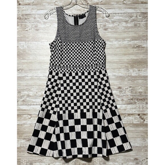 Worthington Black White Checkered A-Line Dress Size 8 Knee Length 60s 70s Brit - Picture 2 of 12